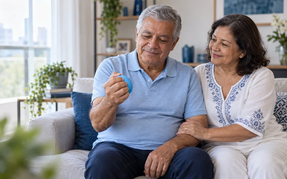 Senhor apertando uma bola de reabilitação ao lado da esposa, representando o acompanhamento após AVC