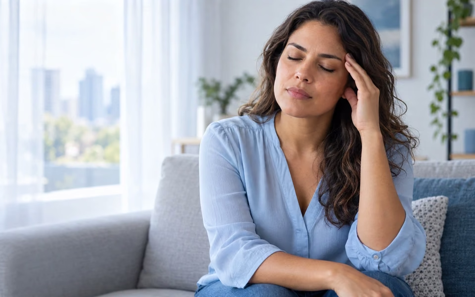 Mulher no sofá com os olhos fechados e a mão na têmpora, representando enxaqueca e dor de cabeça
