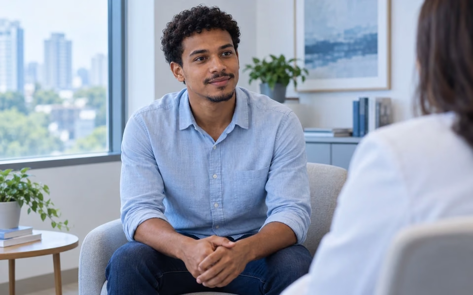 Jovem em consulta médica ouvindo o neurologista com atenção, representando a avaliação de epilepsia e crises convulsivas