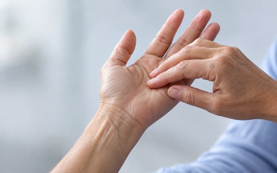 Pontas dos dedos tocando a palma da mão, representando formigamento e neuropatia periférica