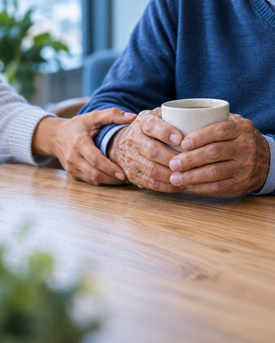 Mãos de um senhor segurando uma xícara com o apoio de um familiar, representando tremores e doença de Parkinson