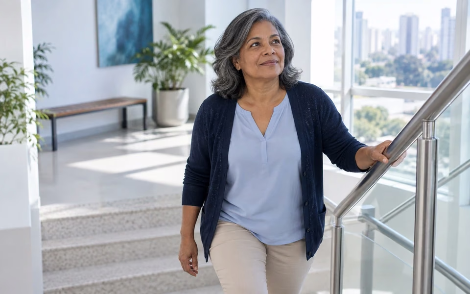 Senhora descendo a escada apoiada no corrimão, representando tontura, vertigem e desequilíbrio